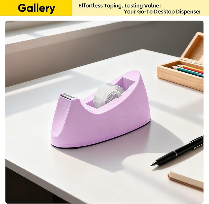Heavy Duty One-Handed Weighted Office Tape Dispenser, Fits 1" Core, Purple | 1.4 lbs Non-Slip Rubber Base, Smooth Cut Serrated Blade, Standard 1-Inch Clear Tape Roll Holder, Home Desktop Office Supplies