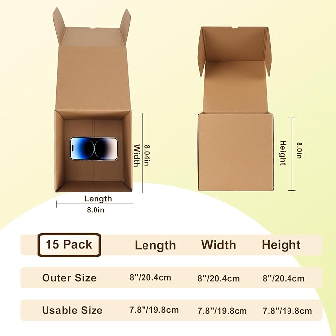 WIFTREY 8x8x8 Inches Shipping Boxes Set of 15 Brown, Corrugated Cardboard Box for Shipping Small Business, Gift Packing, Mailing Wrapping Present