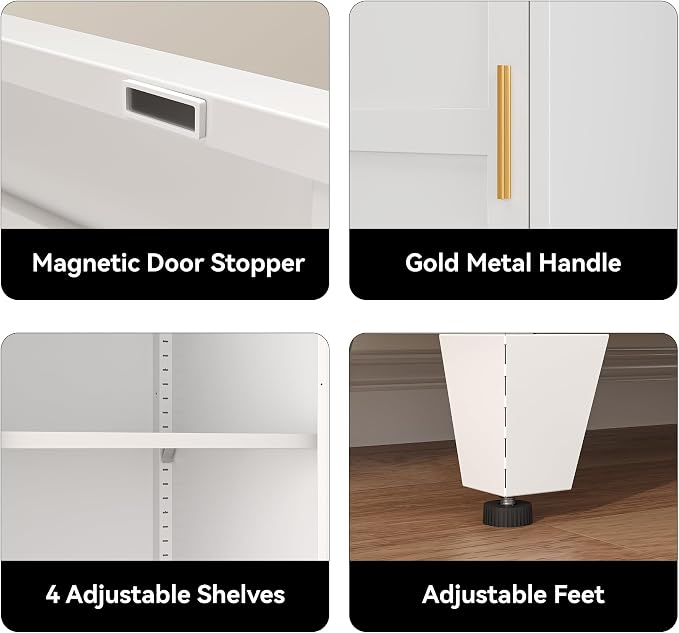 COFaR 67" Tall Metal Pantry Cabinet, White Storage Cabinet with Magnetic Door & 4 Adjustable Shelves, Slim Freestanding Cupboard for Kitchen, Bathroom, Living Room