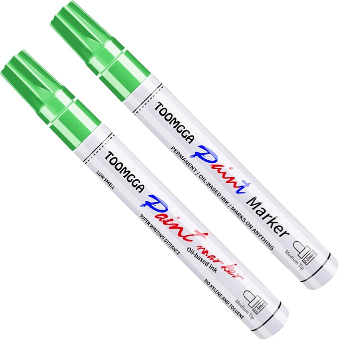 TOOMGGA 2 Light Green Paint Pens Permanent Paint Markers, Oil Based Medium | Marking Pens, Quick Drying, Waterproof, Fade-resistant, for Rock Painting, Car Tyre, Metal, Plastic, Canvas, Mugs, Wood