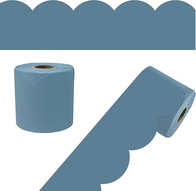 Carson Dellosa 65Ft of Stone Blue Bulletin Board Borders, 1 Roll of Scalloped Trim for Rolling Whiteboard, Cork and Posterboard, Party, Office Decorations, and Classroom Decor