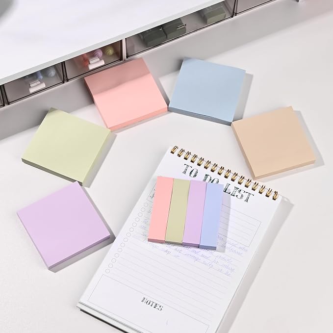 BAYTORY 6 Pads Pastel Sticky Notes, Memo Self-Stick Note (3x3 & 3x0.7 in) | Index Tabs Easy to Post for School Office Notebook