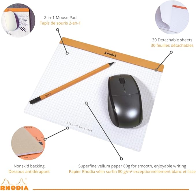 Rhodia 19410C - Mouse Mat Notepad, 19x23cm, Squared, 30 Detachable Sheets, Clairefontaine Paper 80g, Non-Slip Base