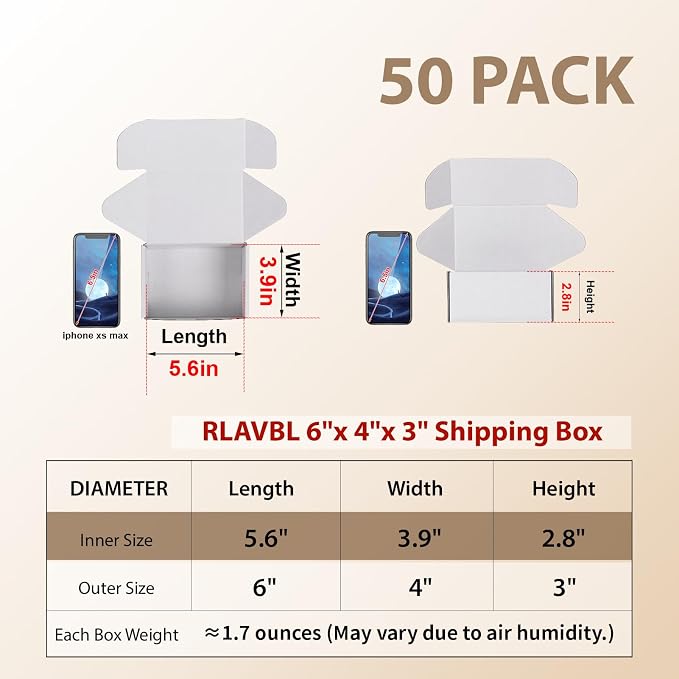 RLAVBL 6x4x3 Shipping Boxes Set of 50, White Corrugated Cardboard Box for Packing, Mailing, Business