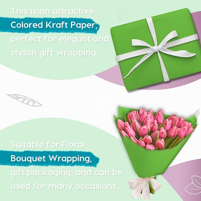 SMART&CASUAL 17.8" x 760" (63') Medium Green Kraft Craft Paper Roll for Gift Wrapping Bulletin Board Bouquet Flower Kids Art Packing Parcel Table Covering 80GSM 55LB (Medium Green, 17.8" x 63')