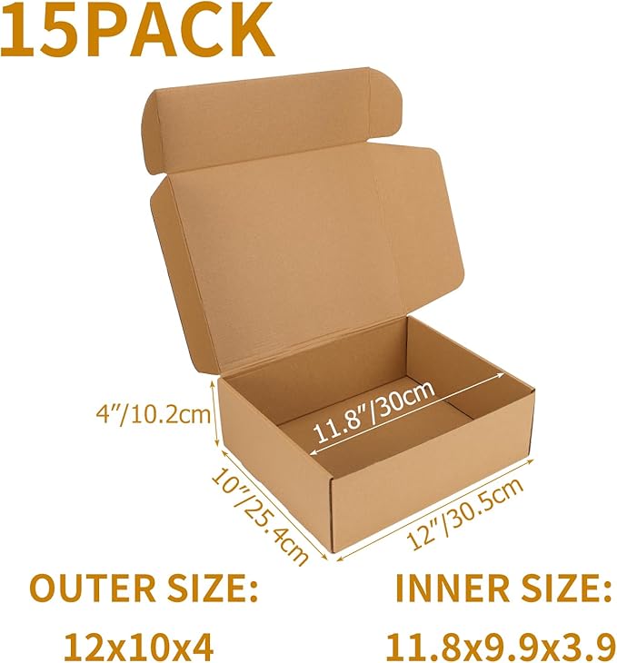 PHAREGE 12x10x4 Inch Shipping Boxes 15 Pack Brown, Tab Lock Tuck Top Mailer Boxes for Packaging Small Business, Cardboard Gift Boxes for Wrapping Mailing Present