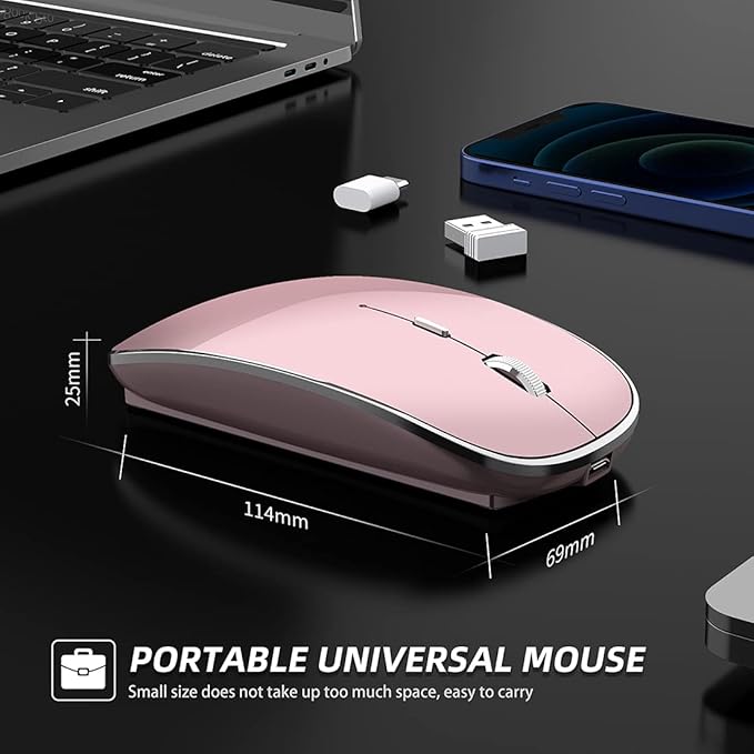 Wireless Mouse Chargeable Portable Silent USB and Type-C Dual Mode Wireless Mouse 3 Adjustable DPI for Laptop, Mac, Android, PC (Q23S Black) (Rose Gold)