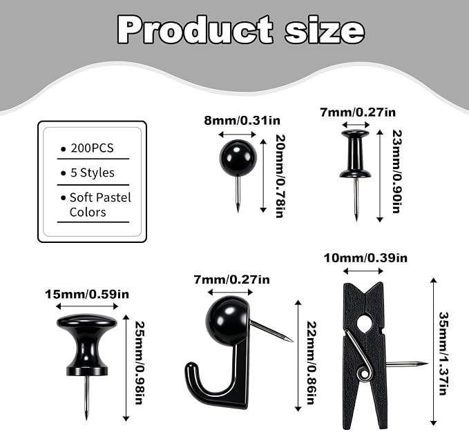 200 Pcs Black Push Pins for Bulletin Board, 5 Style Thumb Tacks for Cork Board, Decorative Pushpins for Wall Maps, Photos, Office, Classroom and Back to School Supplies (Black)