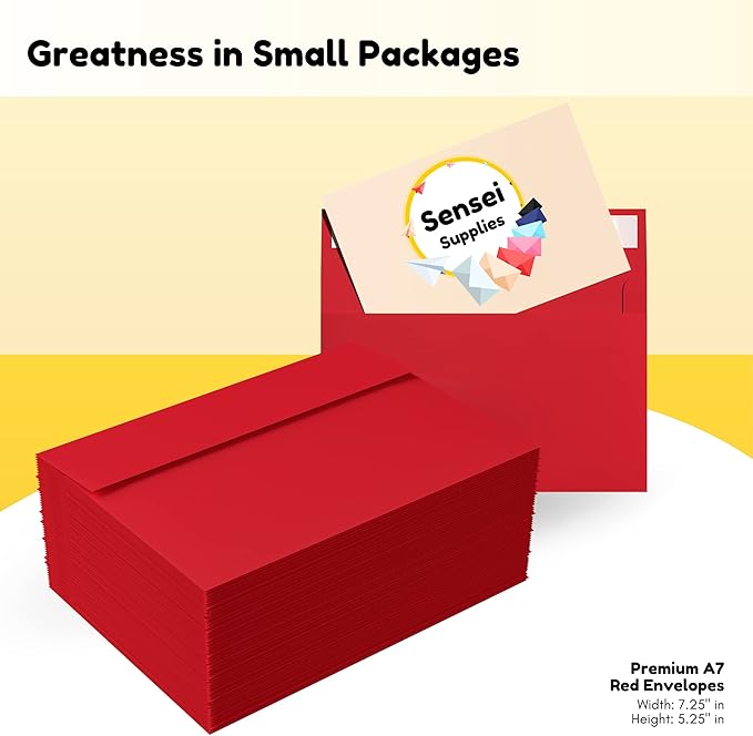110 5x7 Red Invitation Envelopes - for 5x7 Cards - A7 - (5 ¼ x 7 ¼ inches) - Perfect for Weddings, Graduations, Baby Showers - 120 GSM - 32lb/80lb Text - Peel, Press & Self Seal - Square Flap