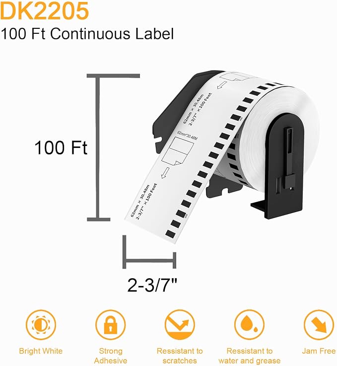 (12 Rolls + 1 Frame,30.48m Per Roll 3-Proof) Labelebal Dk 2-3/7" x 100' Direct Thermal Continuous Length Labels Replacement for DK-2205 Shipping Mailing Postage Compatible for Brother QL Printer