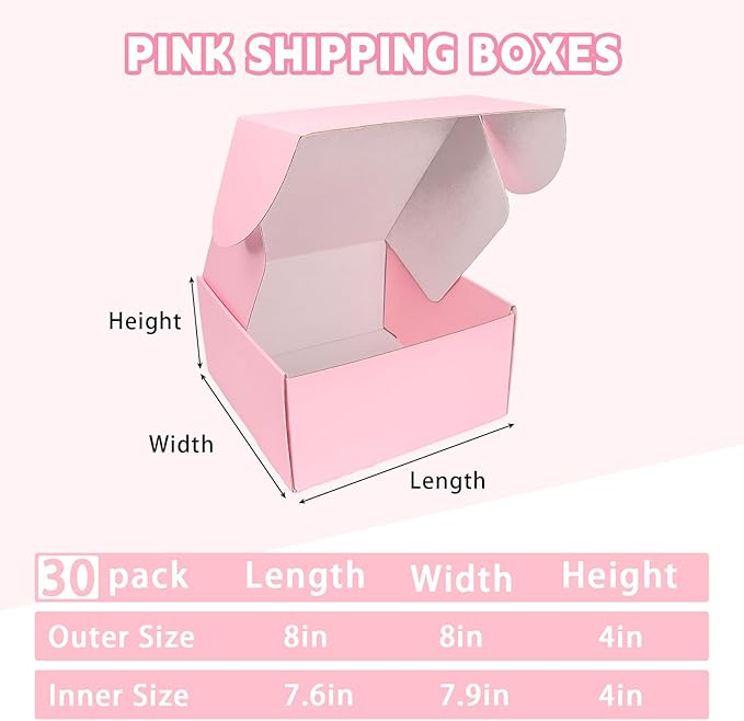 8x8x4 Inch Pink Shipping Boxes Small 30 Pack, Mailer Boxes for Packaging Small Business Supplies, Cardboard Boxes for Packaging, Packing Boxes