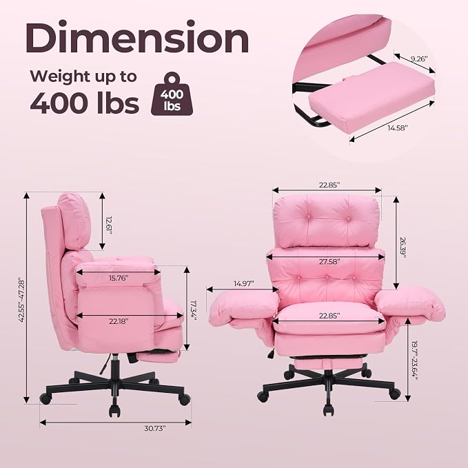 Criss Cross Office Chair with Foot Rest, Big and Tall Office Desk Chair with Flip Armrests for Pets & Cross Legged Sitting, Comfy Executive Ergonomic Reclining Computer Gaming Vanity Chair, Pink