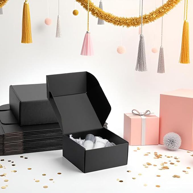 8x8x4 inch Black Shipping Boxes for Small Business- Set of 25 | Sturdy ECT 32 Corrugated Cardboard Mailer Boxes, Easy Assemble for Packaging, Mailing, Gift