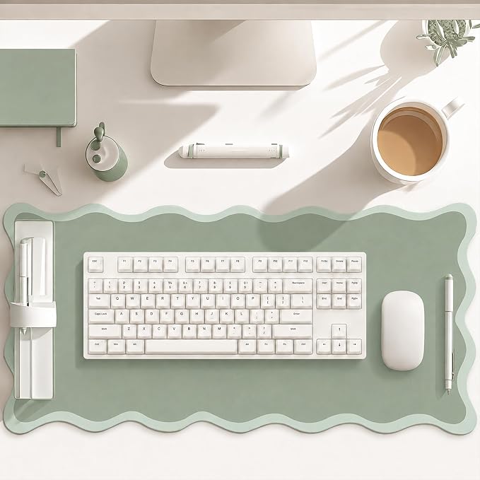 Hahafelt Scalloped Desk Mat Waterproof,Antique Green,31.5 X 15.8 Inches | Coquette Preppy Style for School Office Makeup Vanity, Nonslip Gaming Desktop Protector with Scalloped Stitched Edge Mat