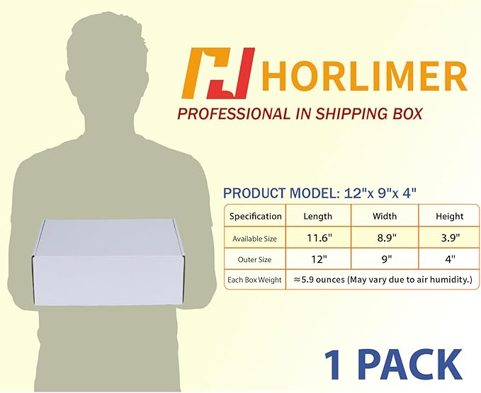HORLIMER 12x9x4 inches Shipping Boxes Set of 1, White Corrugated Cardboard Mailer Box for Packing, Mailing, Small Business