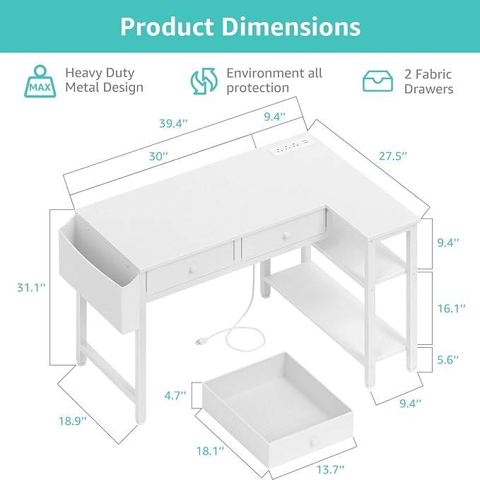DLisiting Small White L Shaped Desk with Drawers & Storage Shelves, 40 Inch Corner Desk with Power Outlet for Small Space Home Office, Study Work PC Desks for Bedroom