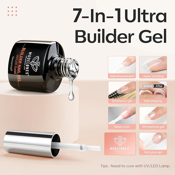 modelones Builder Nail Gel, 2 Pcs Clear Builder Nail Polish, 8-in-One Rubber Color Base Hard Gel for Apex Building Thickening Strengthener Extension DIY Home Salon Gifts LED Lamp Cured 10ml