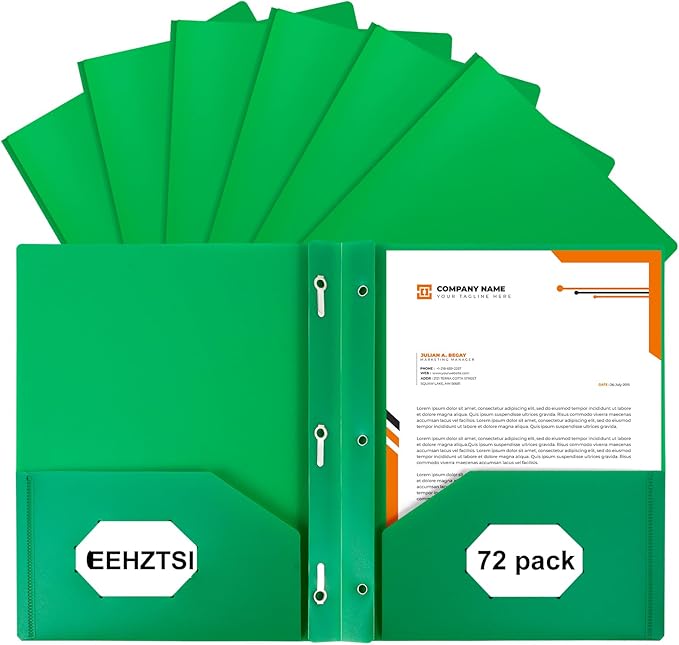 72-Pack Plastic Folders with Pockets and Prongs,2-Pocket Folders with 3 Fasteners, Holds 8-1/2" x 11" Paper for School/Office/Home, Green