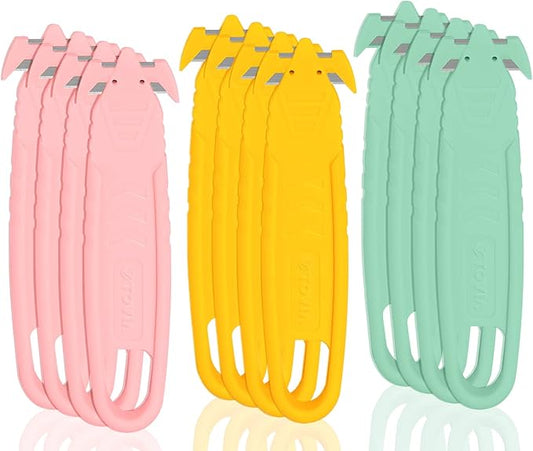 Safety Box Cutter, T TOVIA Package Opener SK2 Stainless Steel Concealed Blade with Tape Splitter for Cartons Cardboard Wrap Straps Film (12 Pack - Assorted Colors)