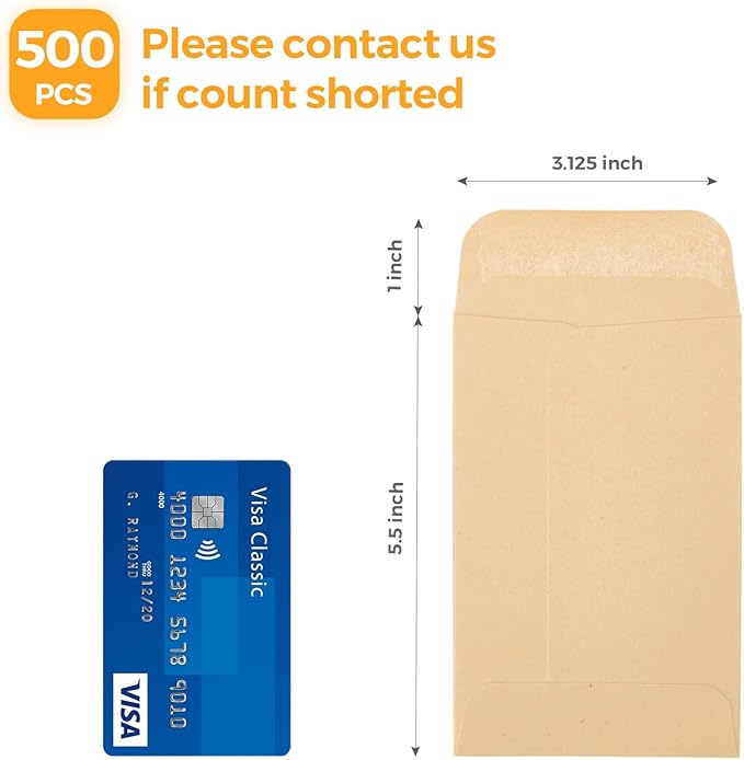 ACKO #5 Coin Envelopes 3 1/8 x 5 1/2 Small Parts Envelope with Gummed Flap for Home, Garden or Office Use, Brown Kraft Seed Envelopes Tip Envelopes 500packs