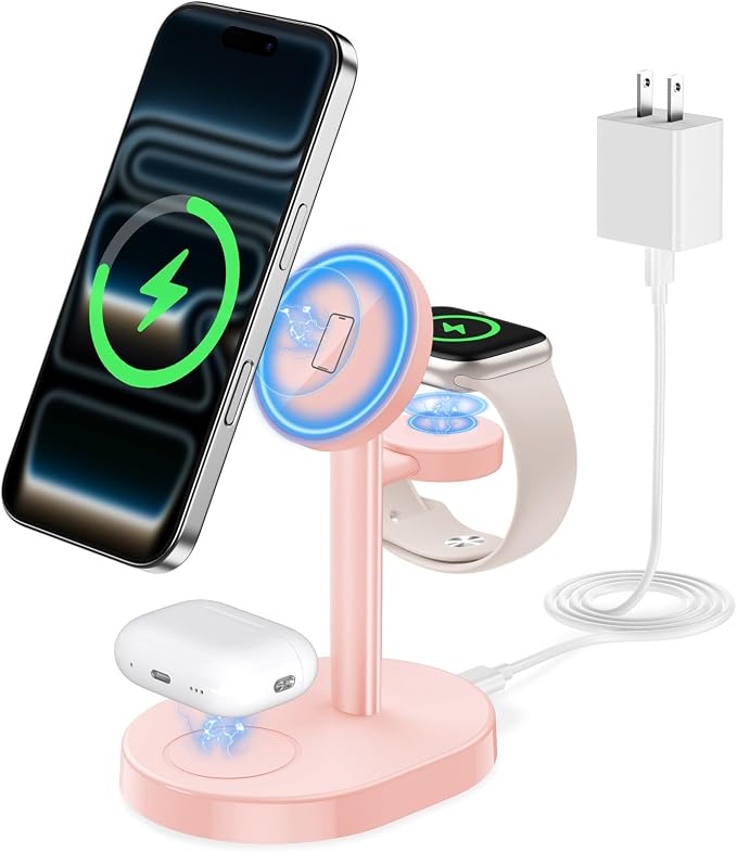 2026 3 in 1 Wireless Charging Station for Apple MagSafe Charger, 15W Fast Mag-Safe Charger Stand for iPhone 17 16 15 14 13 12 Apple Watch AirPods Compatible with MagSafe, Pink