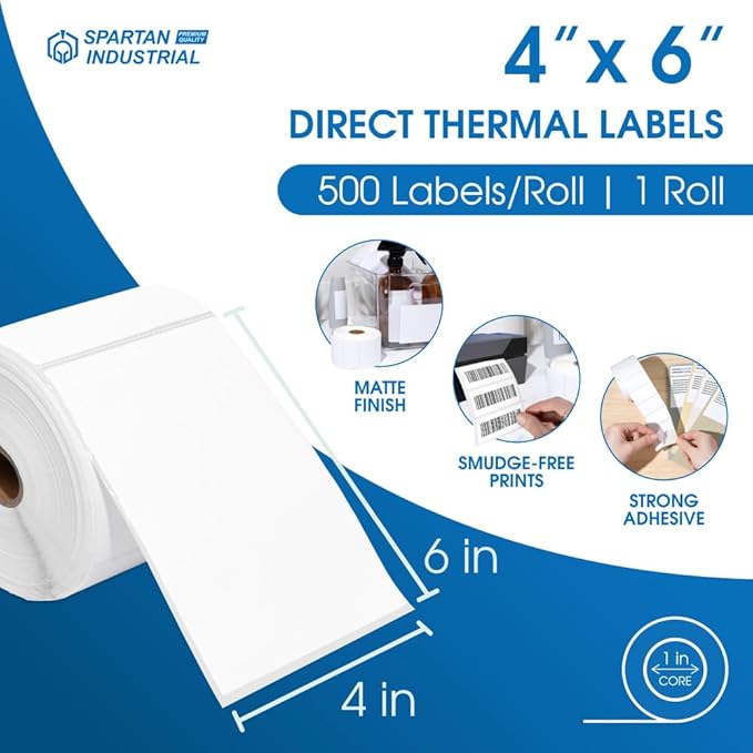 Spartan Industrial - 4" X 6" Direct Thermal Labels (250 Count, 1 Roll) - Printable Postage Shipping Labels for Packages and Returns - Compatible with Zebra and Rollo Printers