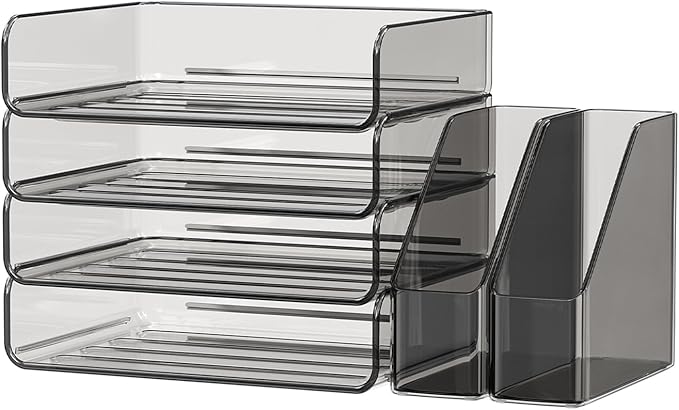 4-Tier Horizontal Acrylic Paper Tray Organizer with Booends | Clear Stackable Desk Organizer for Documents, Letters, A4 Paper | Modern Office/Classroom/Home Organization,Brown