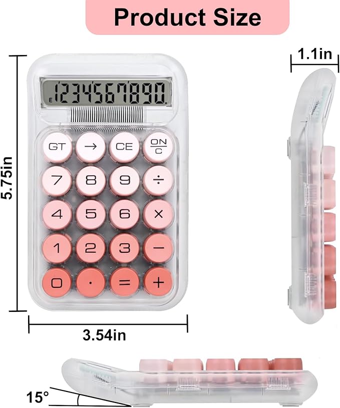 Cute Calculator, Mechanical Switch Calculator, Calculators Desktop 10 Digits, Desk Calculators with Big Buttons and LCD Display, Battery Power,Ideal for School Home Office Basic(Pink)