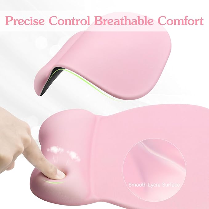Office Mouse pad with Gel Wrist Rest, 9.2 x 8.1 in, Pink | Ergonomic Shape Design for Pain Relief, Cooling Feel Gel Cushioning for Wrist Comfort, Smooth Lycra Surface, Non-Slip PU Base