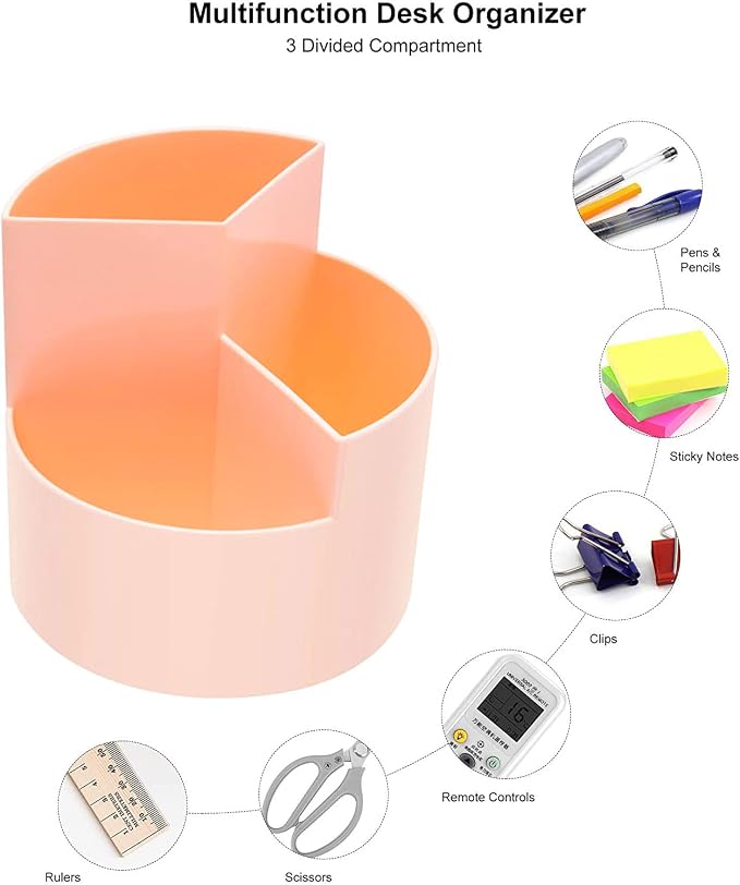 Siveit Desk Pencil Pen Holder, Desk Organizers 3 Slots 360-Degree Rotating Pen Holder for Desktop Storage Stationery Supplies Organizer, Home, Office, School, Kids, Peach Pink