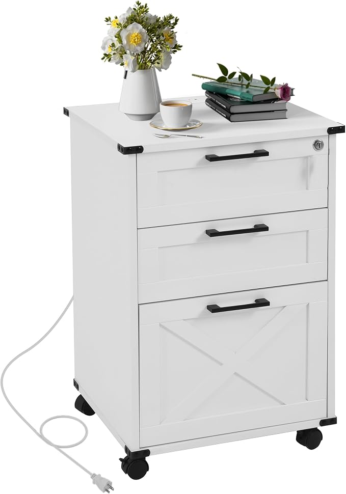 Onelike Small Wood File Cabinet with Charging Station and Lock, 3 Drawers | Built-in 2 AC, USB & Type-C; 1 lock secures 3 drawers; Nightstand, Printer stand and Mobile under-desk cabinet; White