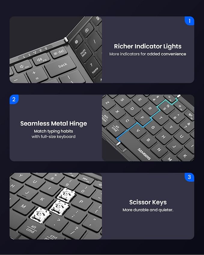 Foldable Keyboard and Mouse, Samsers Folding Bluetooth Keyboard Combo, 2.4G + BT5.0 x 2, Full-Size Portable Travel Keyboard & USB-C Rechargeable Wireless Mouse for iOS Android Windows Mac OS