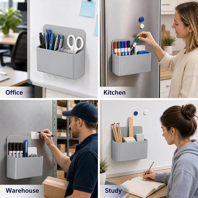 Magnetic Pencil Pen Holder, 2PCS Dry Erase Marker Holder for Whiteboard, Grey Magnet Storage Pencil Cup Case Box Fridge Organizers Locker Accessories for Office School Classroom Teacher Must Haves