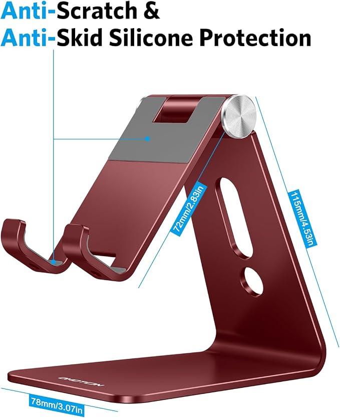 OMOTON C2 Adjustable Cell Phone Stand with Charging Cutout, Cherry Red | Sturdy 3mm Aluminum, Charging Port, 270° Adjustable, Non-Slip Silicone Pads, Works with Thick Cases, for All Smartphones