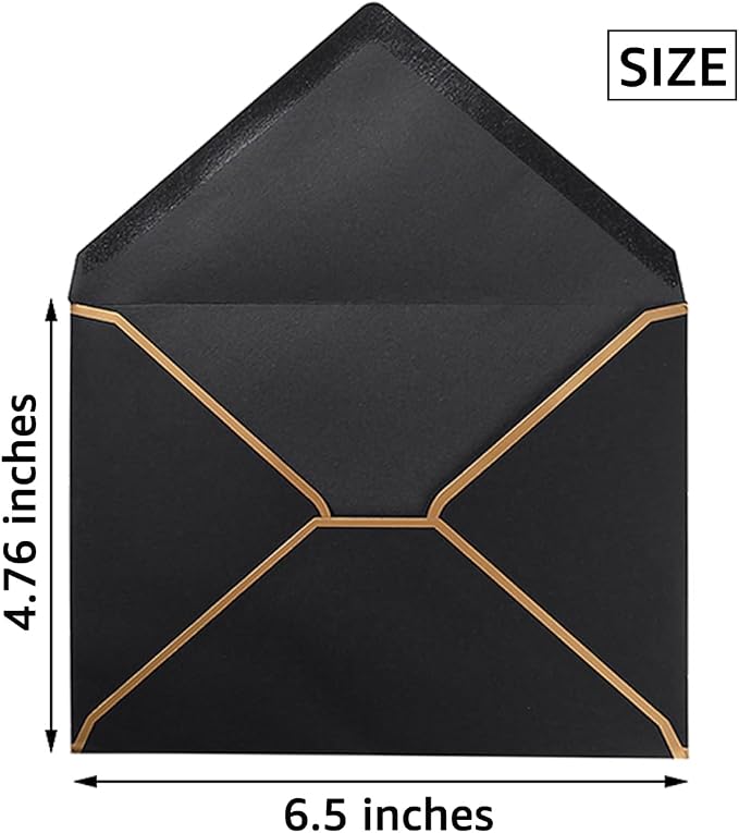 50 Pack A6 Envelopes Black 4x6 with Gold Border, 4.75x6.5 | Self-Adhesive, V Flap, For Wedding, Graduation, Baby Shower, Parties, Invitations