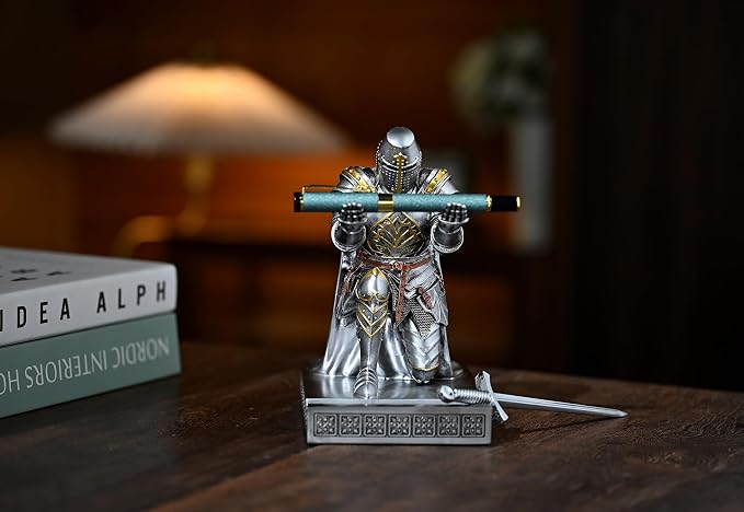Medieval Templar Vanguard Officer Knight Pen Holder Desk Organizers Silver | Pencil Stand Paperweight Desktop Decoration Accessories Cell Phone Stand with a Fancy Sword for Medieval Warrior Enthusiast