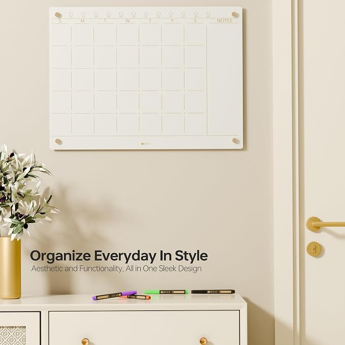 Glass Golden Monthly Dry Erase Calendar Whiteboard for Wall, 17" x 23", Frameless Large Monthly Planner Menu White Board for Home Kitchen, Office, 4 Wet Erase Markers Included, Yeoux