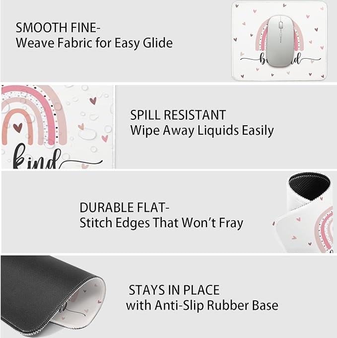 Mouse Pad for Desk with Stitched Edge, Premium Cute Washable Mouse Pads. Computer Mousepad with Non-Slip Rubber Base, Mousepads for Laptop, 9.25x7.75x0.12 inch (Boho Kind)