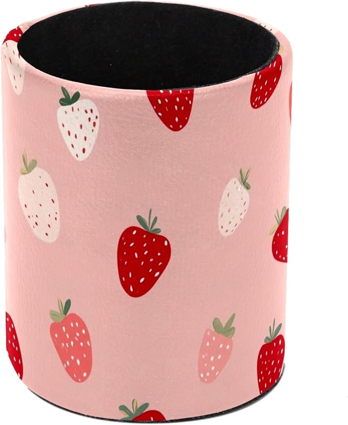 Leather Pen Holder for Desk, Cute Strawberries Print Pencil Cup Pen Organizer Makeup Brush Holder for Office Home Kids Countertop Desk Accessory Storage