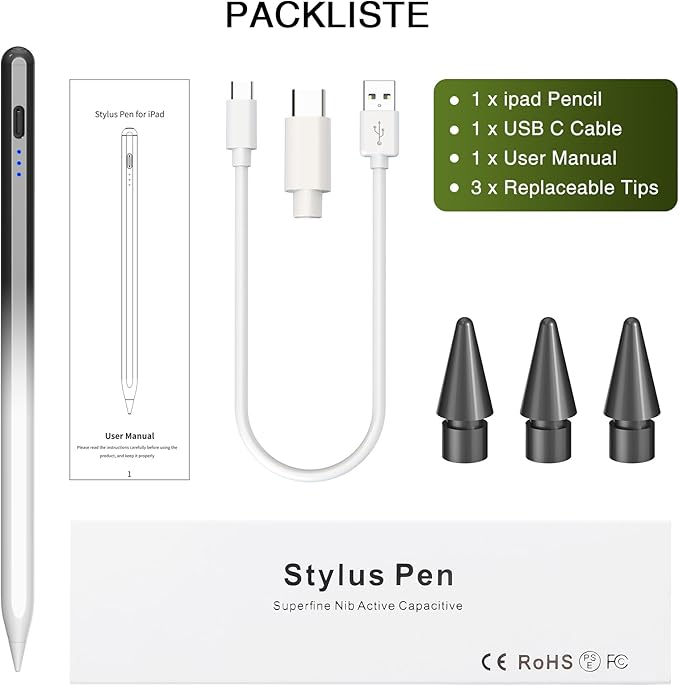 Stylus Pen for iPad 2018-2025, 15 Mins Fast Charging Pencil 1st Gen with Tilt & Palm Rejection Digital Pens Stylus for iPad 6-11, Air 3/4/5/M2/M3, Mini 5/6/7, Pro 11"/12.9"/M4 M5 (Black White)