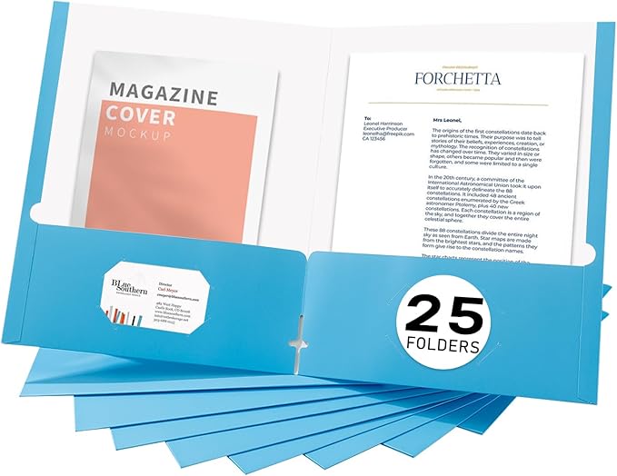 Zzrywuty File Folders with Pockets Letter Size,25-Pack Paper Folders with Card Slot,Light Blue Two Pocket Folders for School Students,Businessmen,Home and Office Workers