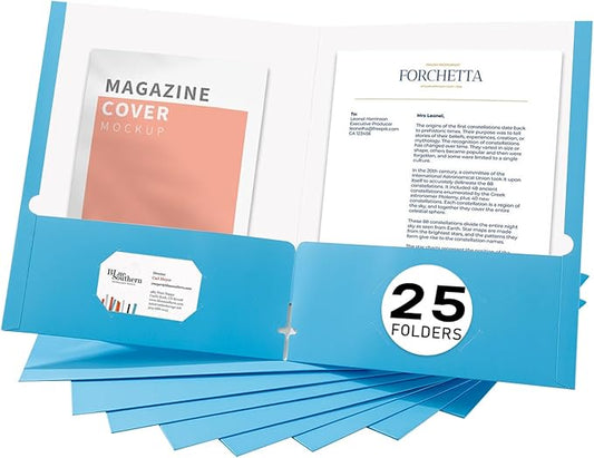 Zzrywuty File Folders with Pockets Letter Size,25-Pack Paper Folders with Card Slot,Light Blue Two Pocket Folders for School Students,Businessmen,Home and Office Workers