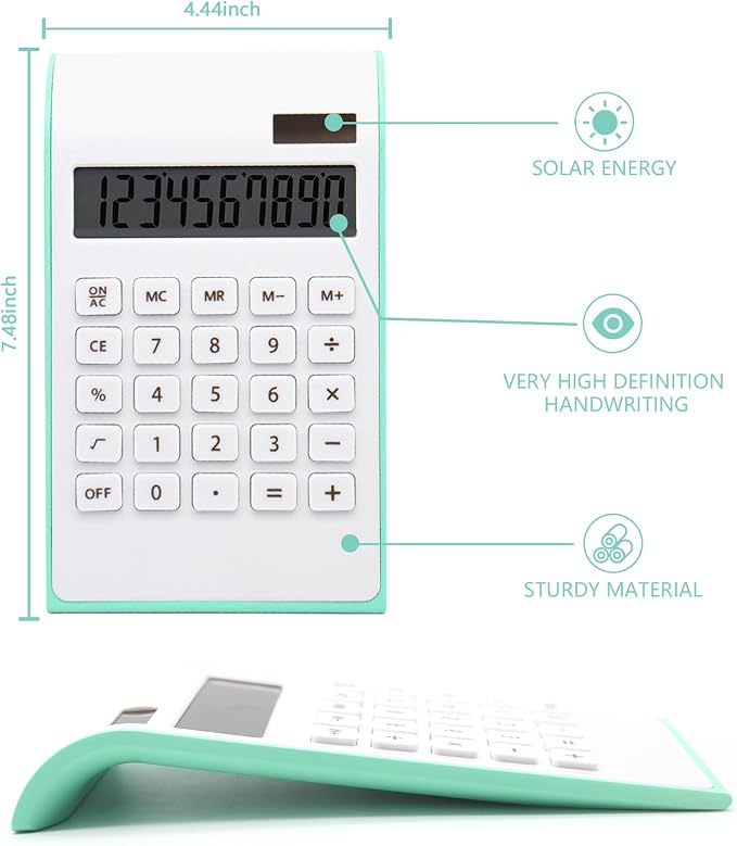 Green Calculator, Cute Solar Calculator for Desk, Green Desk Accessories | 10 Digits LCD Display, Green Desk Calculator, Palm-Sized Portable Design for Office&School, Dual Powered Pocket Calculator