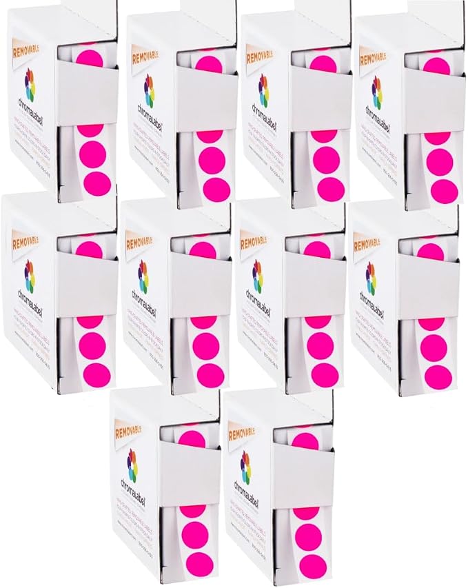 Fluorescent Pink Dot Stickers, 1/2 Inch, 1000/Box Case of 10 | Round Colored Stickers with Writable Matte Paper and Strong Adhesive for Offices, Classrooms, and Crafts. Made in USA