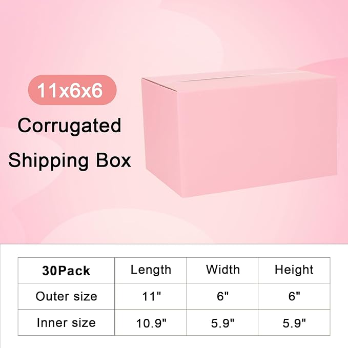 30 Pack 11x6x6 Shipping Boxes Medium, Pink Cardboard Boxes for Packaging Small Business, Mailing Boxes for Shipping Packing