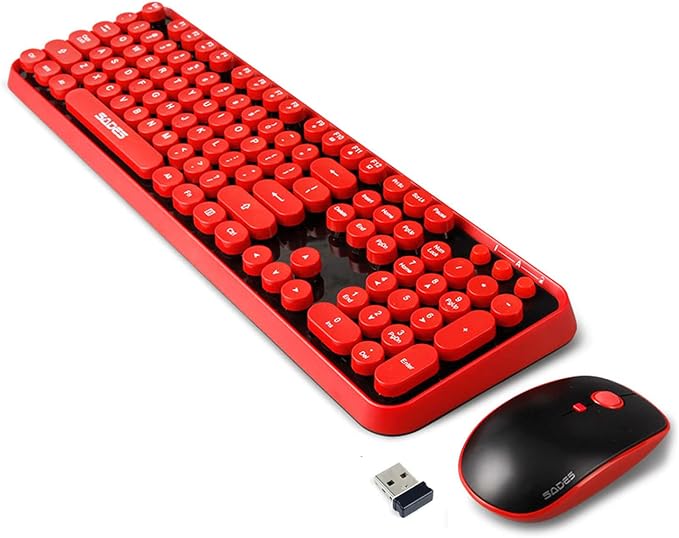 Red Wireless Keyboard and Mouse Combo,Typewriter Bubble Keys,for PC Laptop | Retro Round Keycaps,Clicky Sound,2.4GHz USB Receiver,Creamy Aesthetic Style,Full Size with Number Pad for Computer Desktop