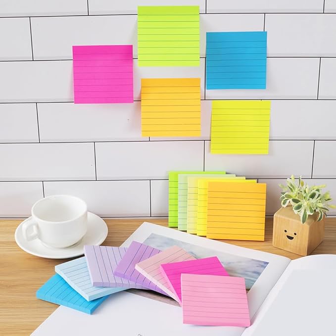(72 Pack) Lined Sticky Notes 3x3 in,Notepads with Lines,Ruled Stickies Super Sticking Power,Office School Memo Note Pads Bright Colors,Post on Windows Doors,Recyclable,Easy to Write on