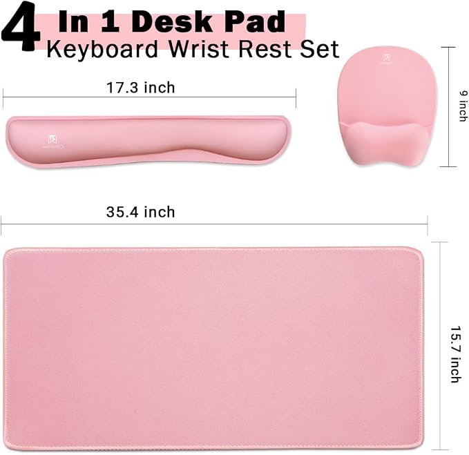 Keyboard Wrist Rest Large Mouse Pad Wrist Support for Computer, 4 in 1 Memory Foam Keyboard Pad Desk Mat Ergonomic Hand Rest Wrist Cushion for Home Office Gaming-Pink