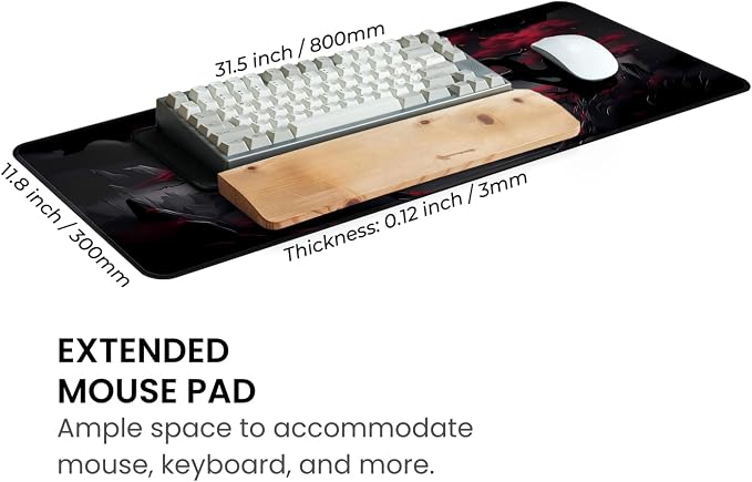 MAY FLOWER Large Gaming Mouse Pad, Full Keyboard Mat, Long Laptop Mousepad, Computer Mouse Mat for Home and Office, Anti-Slip Rubber Base, 31.5 x 11.8 Inches (Dark Red Moon)