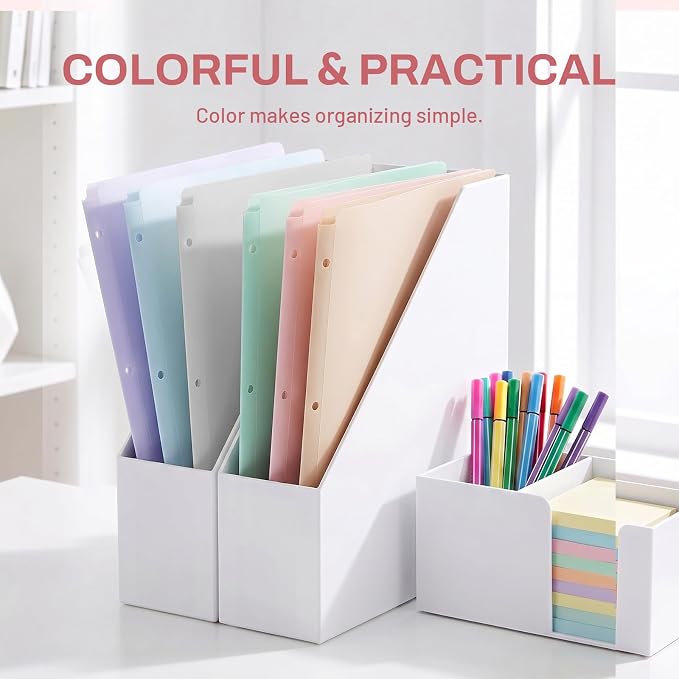 SUNEE 3 Hole Pocket Folders (6 Pack, Pastel Color), Plastic Pocket Folders for 3 Ring Binder, 3-Hole Punched Folder with Pockets, for Kids, Students, Teachers, Office Staff
